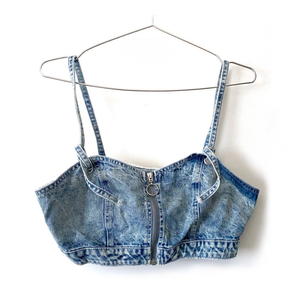 NWOT Forever 21 Cropped Strap Zipper up Blue Denim Top, L
